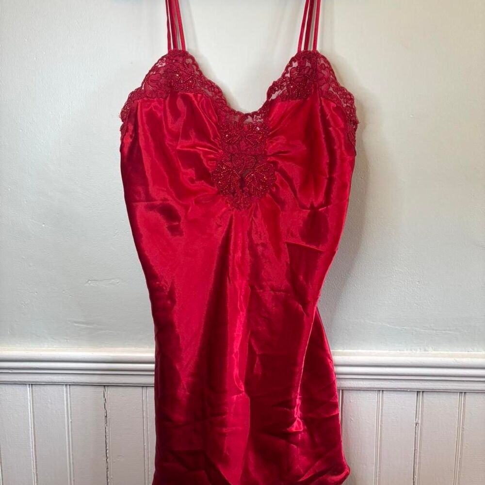 Vintage Victoria’s Secret Red Satin Lace Slip Dress Babydoll M